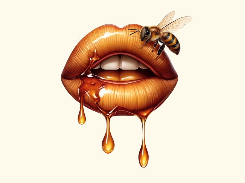 A lips tattoo design featuring honey and a bee. 