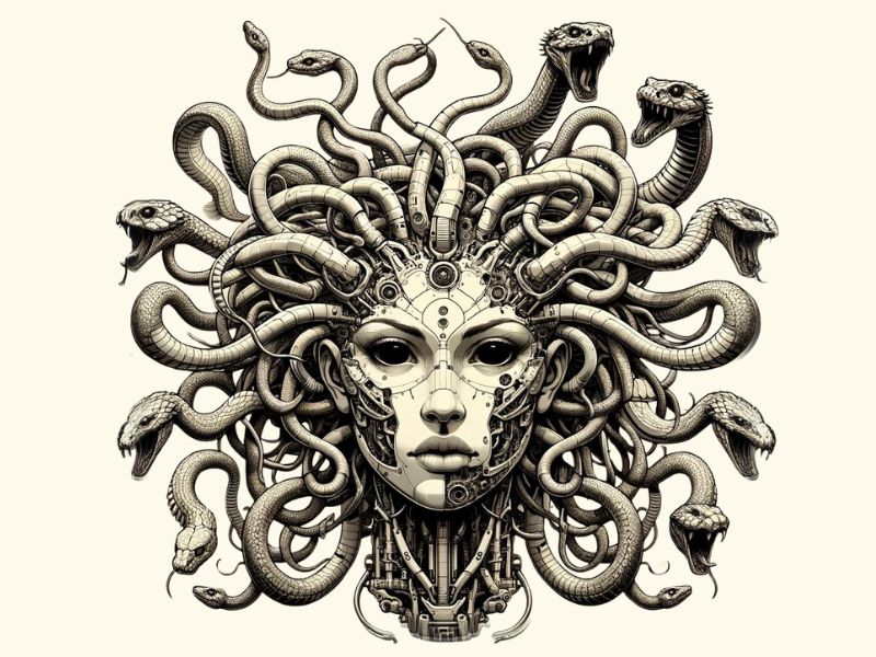 A biomechanical style Medusa tattoo design. 