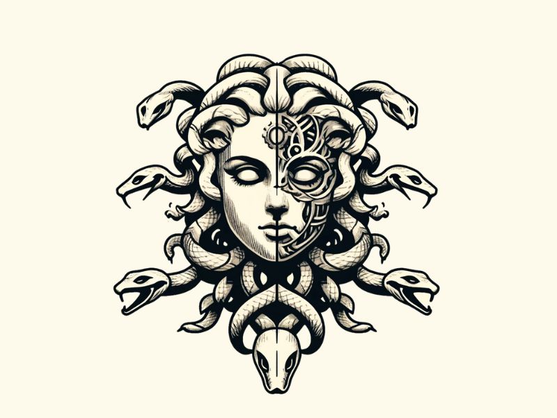 A biomechanical style Medusa tattoo design. 