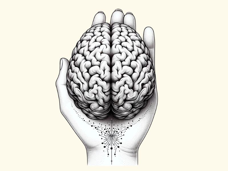 A brain in a hand tattoo design. 