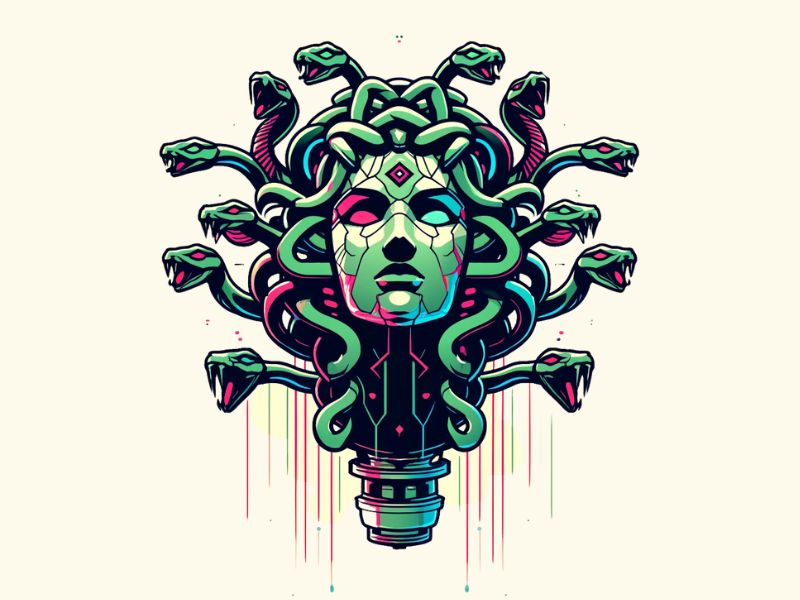 A cyberpunk style Medusa tattoo design. 