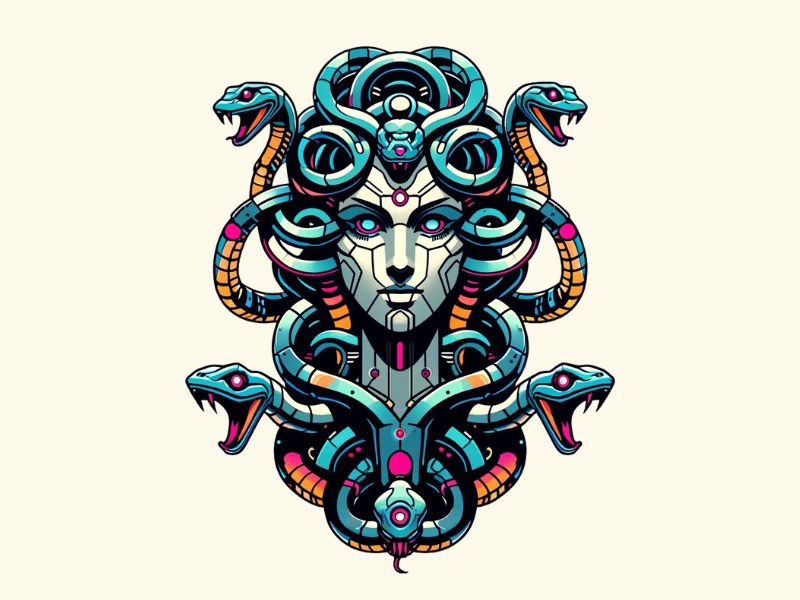 A Cyberpunk style Medusa tattoo design. 