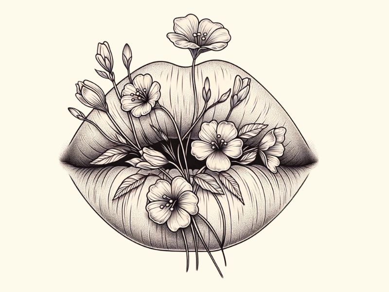 A fine line lips with flowers tattoo design. 