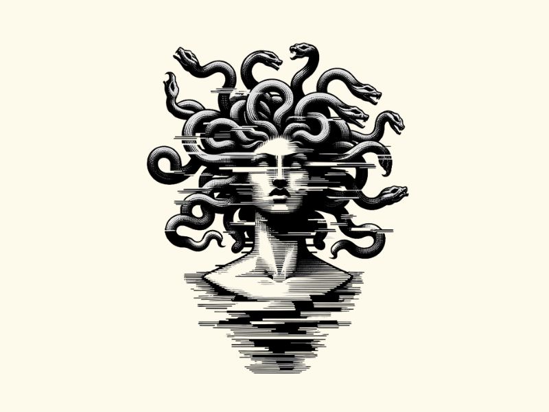 A glitch style Medusa tattoo design. 