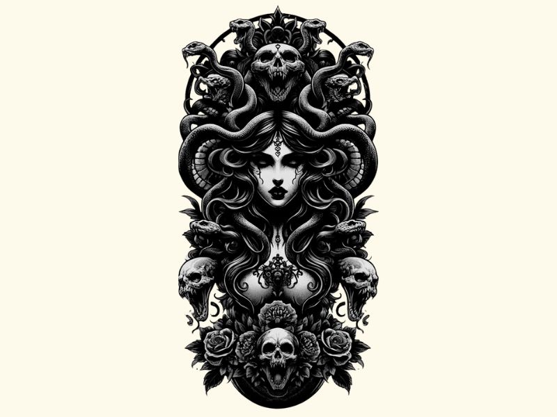 A Gothic style Medusa tattoo design. 