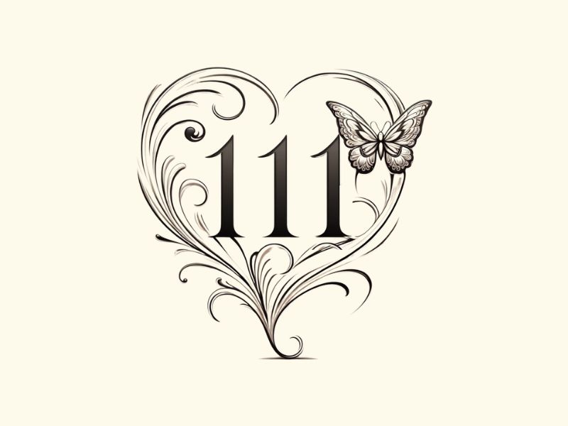 A minimalist heart and butterfly 111 tattoo design. 
