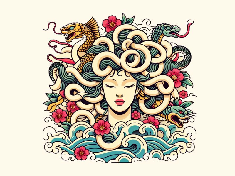 A Japanese Irezumi style Medusa tattoo design. 