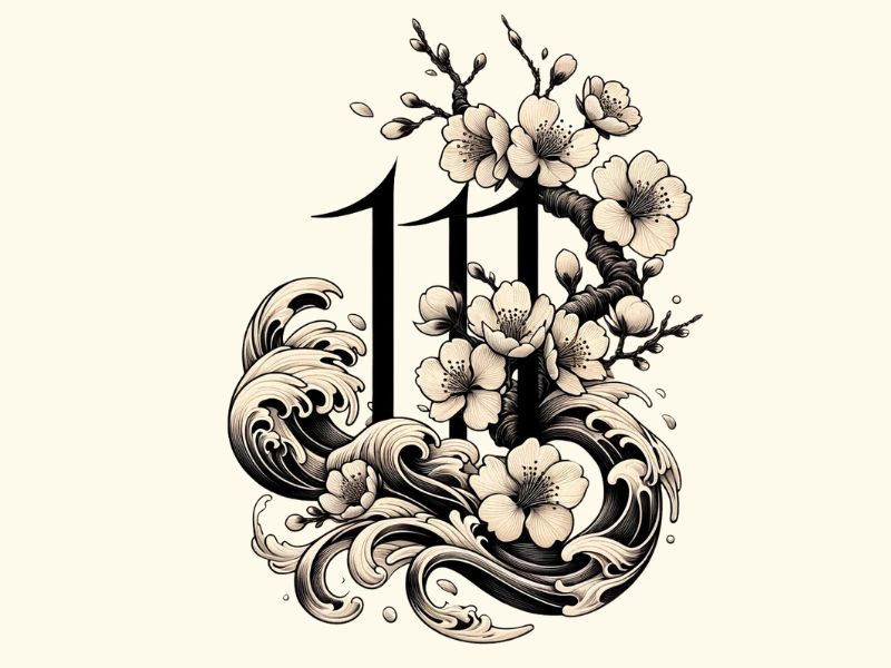 A Nihonga style wave and cherry blossom 111 tattoo design. 