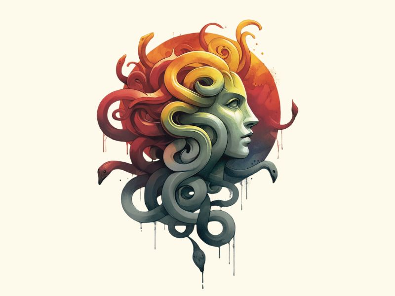 A watercolor style Medusa tattoo design. 