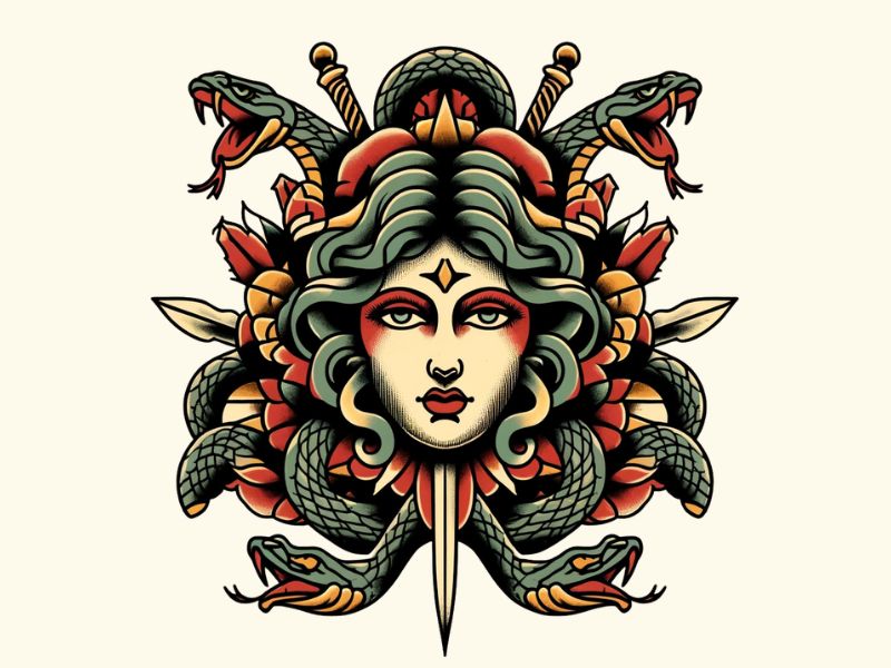 An American traditional style Medusa tattoo design. 