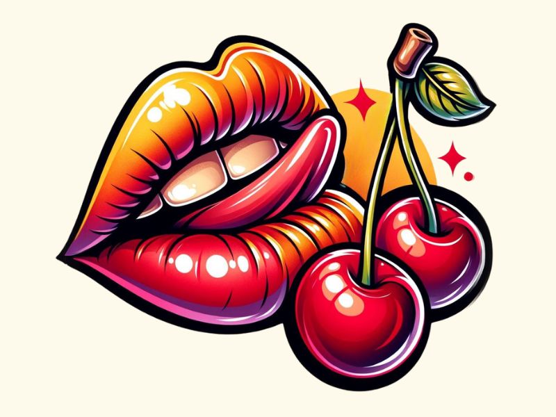 A comic book style lips tattoo design featuring cherries. 