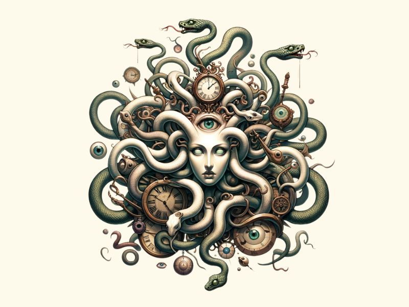 A surrealism style Medusa tattoo design. 