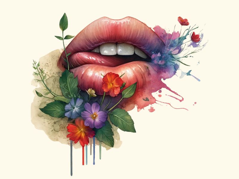 A watercolor style lips and flowers tattoo design. 