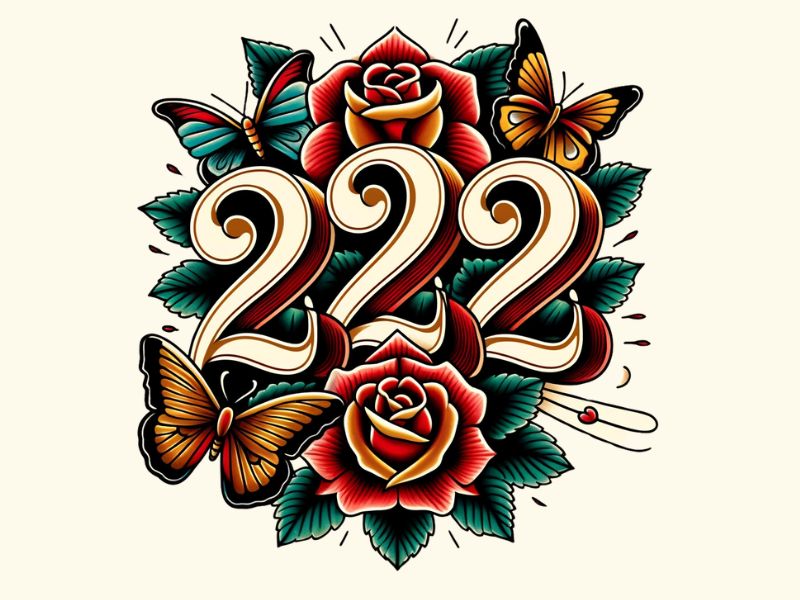 An American Traditional rose and butterfly 222 tattoo design. 