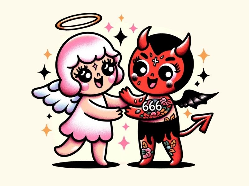 A Kawaii style 666 devil and angel tattoo design.