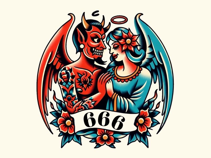 An American traditional 666 devil and angel tattoo design.