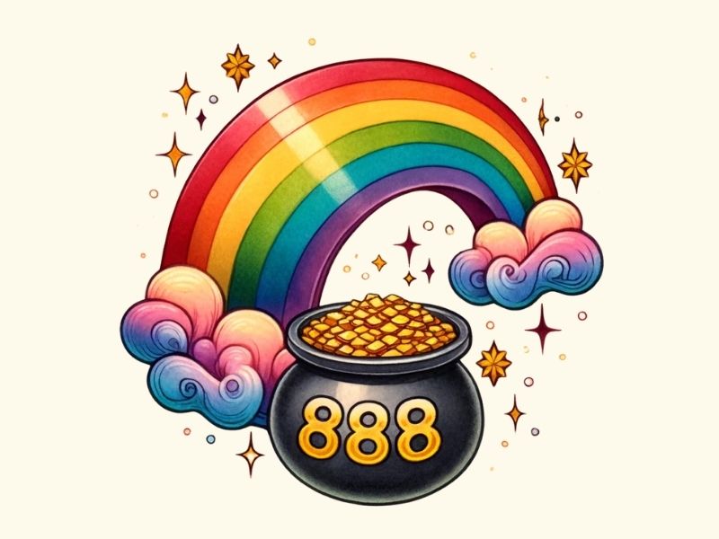 A rainbow and crock of gold 888 tattoo design.